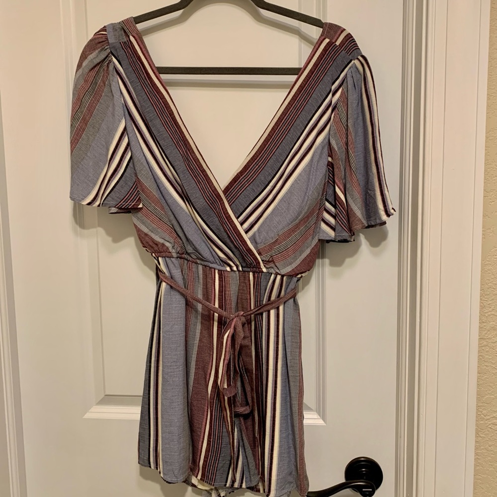 Pink Lily Striped V-Neck Short Sleeve Romper in Blue and Brown